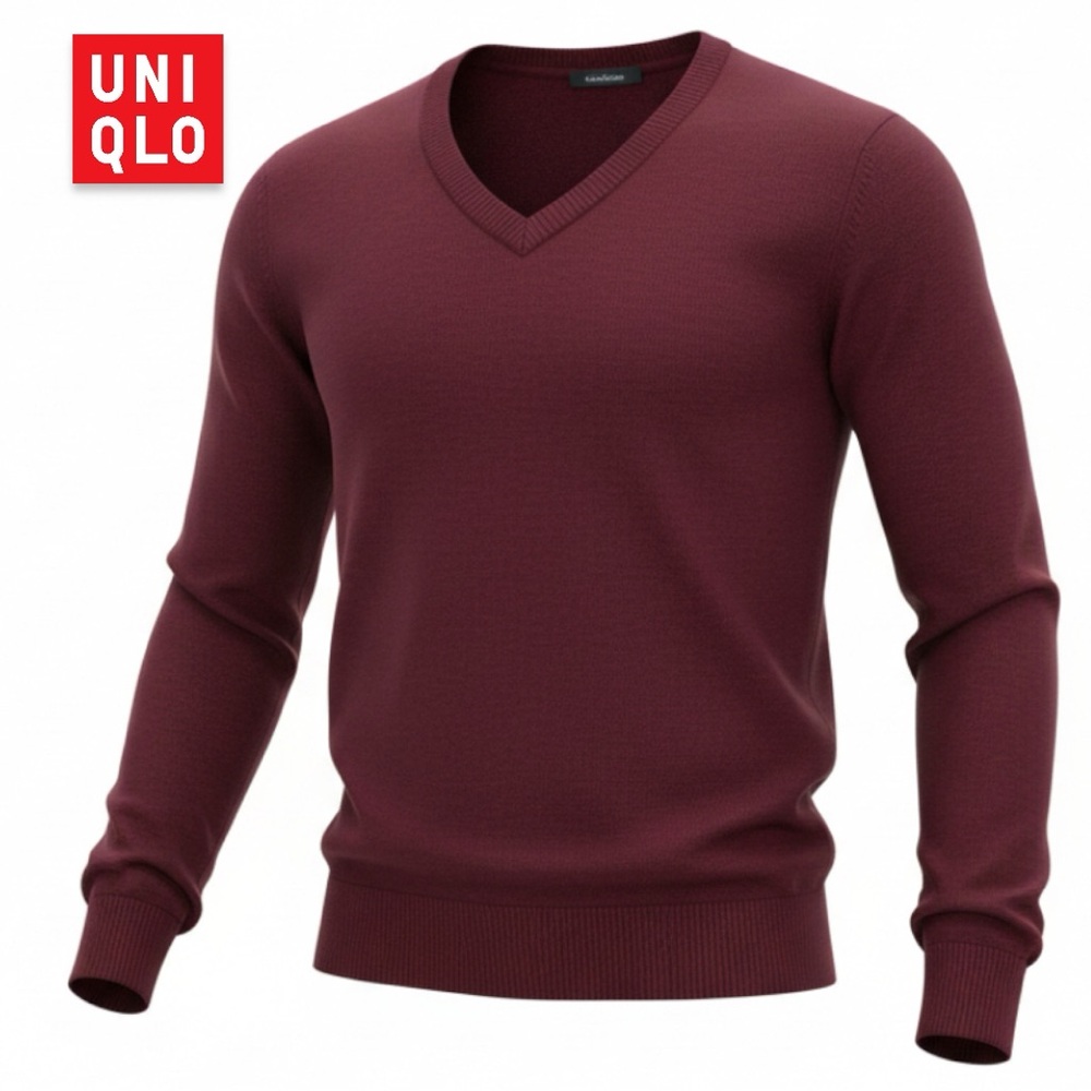 Uniqlo Men’s 100% Merino Wool V-Neck Sweater in Dark Red Burgundy Wine | Size L